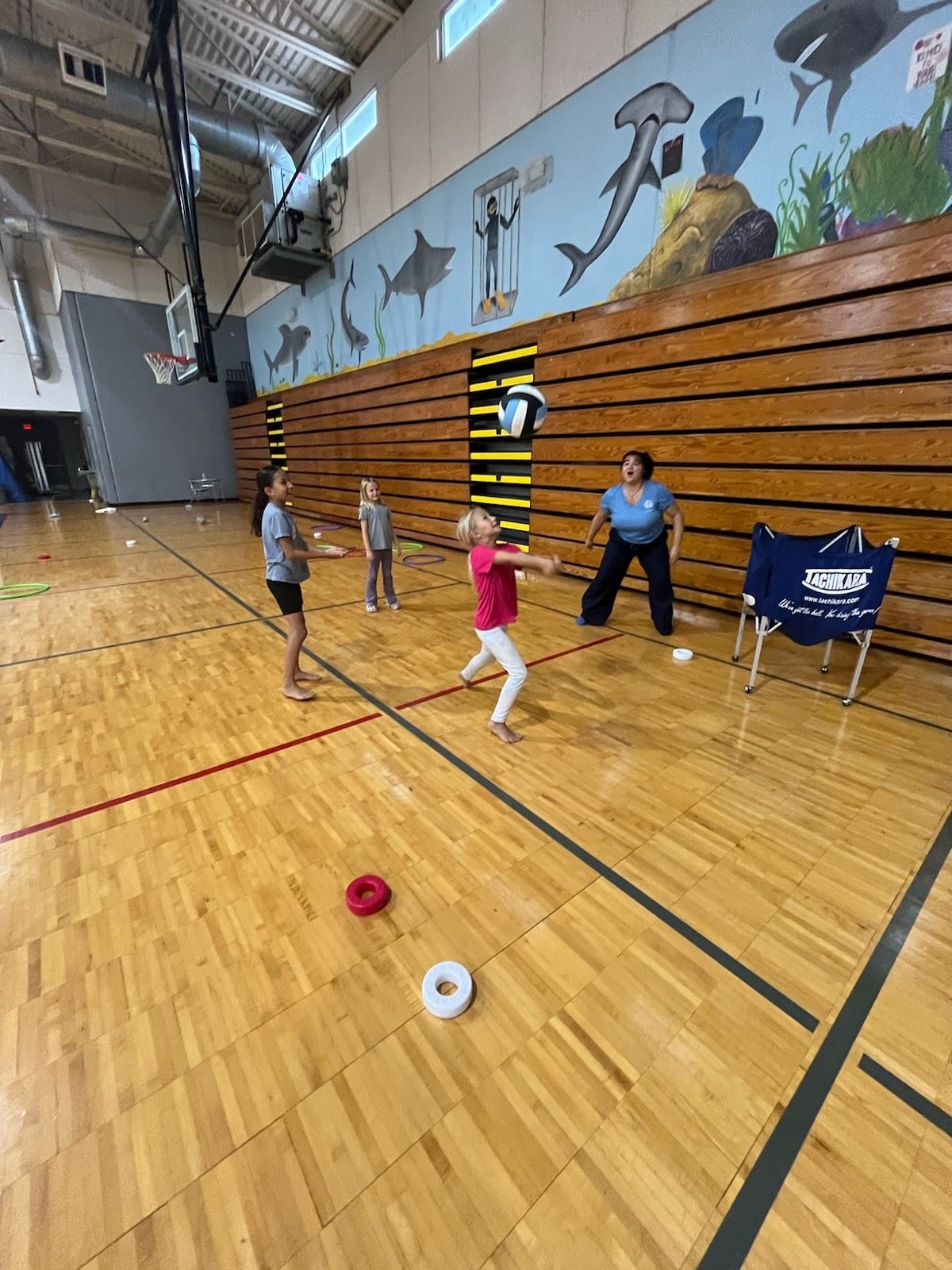 Kids play on indoor basketball courts