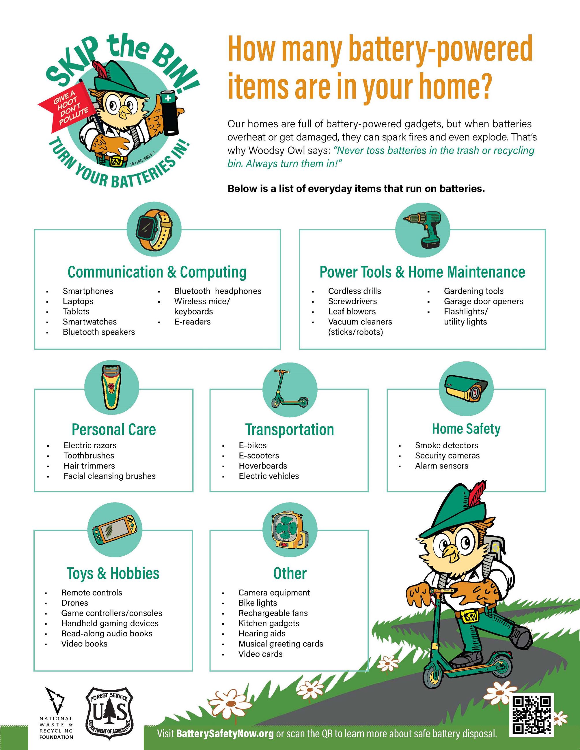 Flyer with an owl pointing out all of the different battery usage in a home