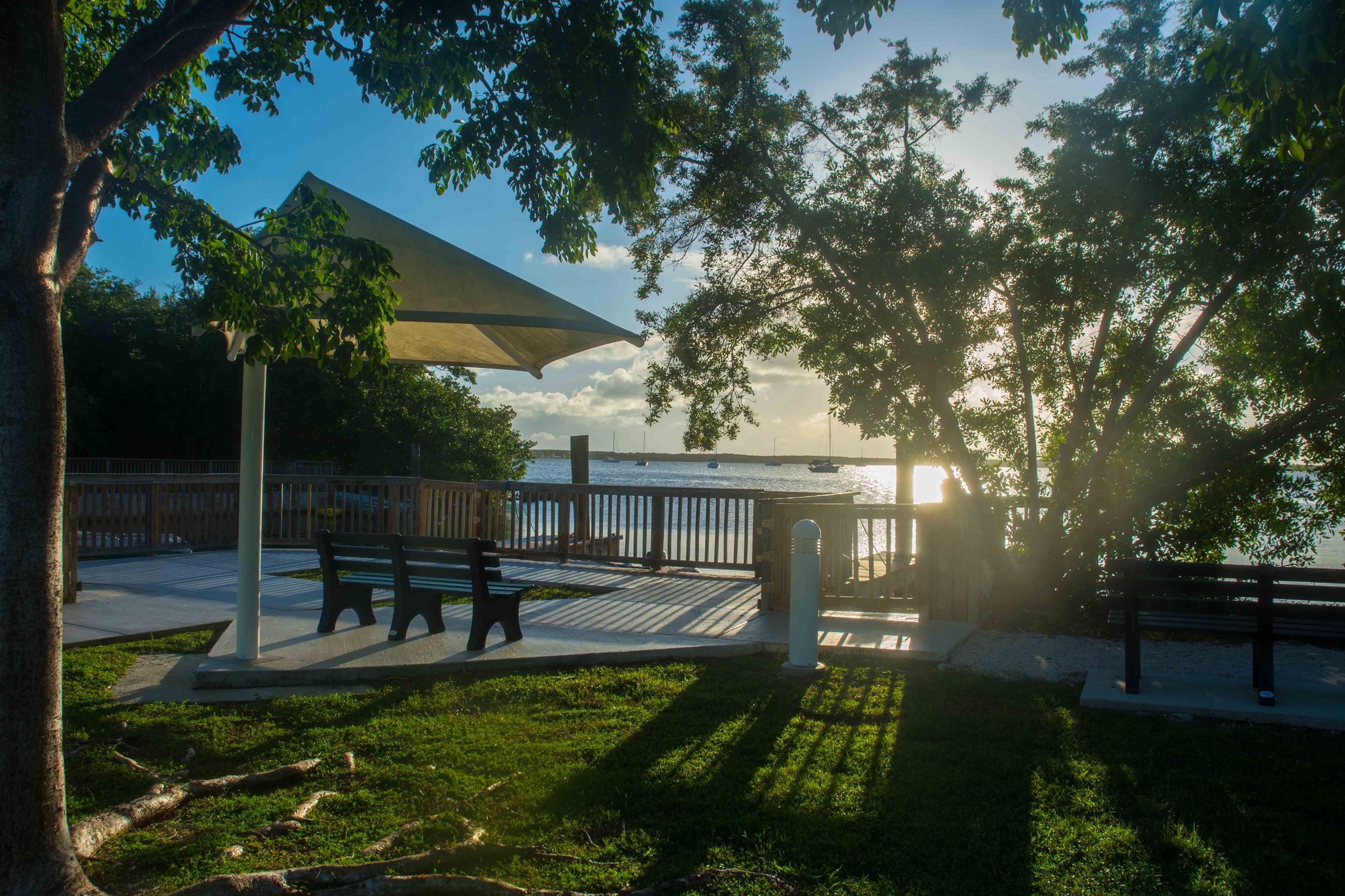 Murray Nelson Park at sunset with pavilions and bayview