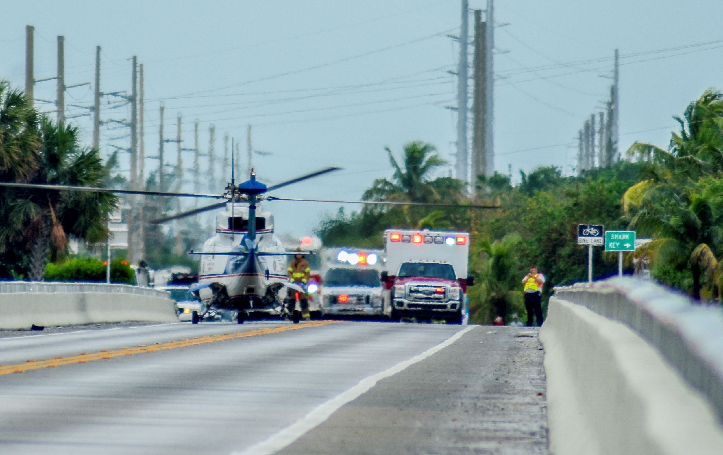 Trauma Star helicopter at a bridge accident