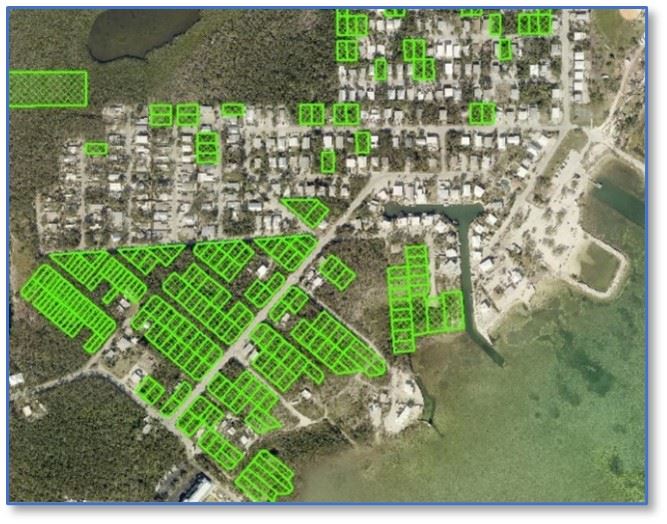 Ariel map showing conservation land and properties in the Florida Keys