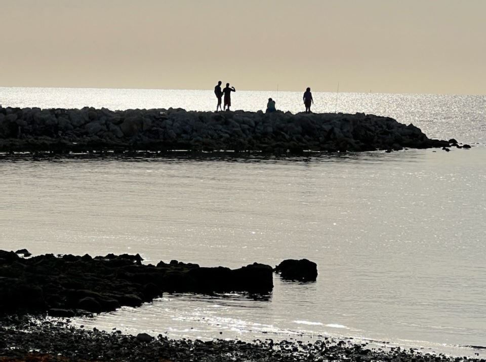 A silhouette of four people with fishing poles at the park at sunrise 